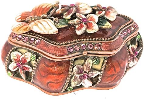 Butterfly Plumeria Jewelry Trinket Box Pewter Bejeweled Swarovski Crystals Enameled Hinged Collectibles