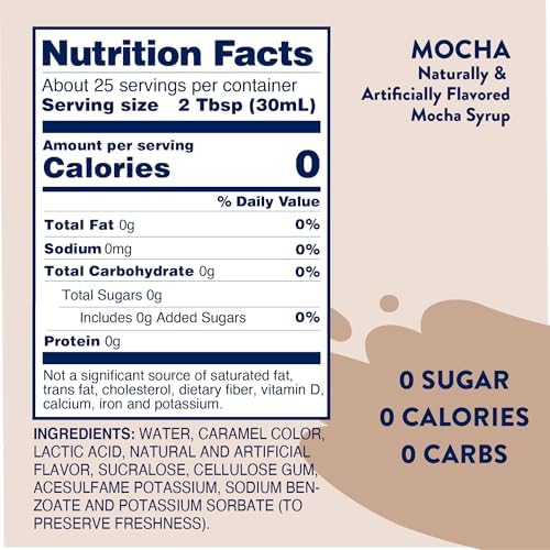 JORDAN’S SKINNY MIXES SUGAR FREE COFFEE SYRUP, MOCHA COFFEE FLAVORING SYRUP, ZERO CALORIE DRINK MIX, LATTES, BAKING, PROTEIN SHAKE OR COCKTAIL, DAIRY & GLUTEN FREE, KOSHER, 25.4 FL OZ, 2 PACK