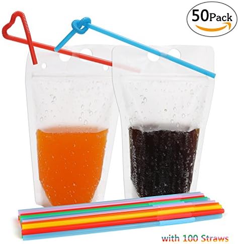 50 pack Translucent Drink Pouch Bag with 100 Bendable Extra Long Disposable Straws, 17 oz Heavy Duty Hand Held Drinking Bags, Reclosable Zipper Stand up Plastic Pouches for Icy and Hot Drink