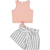 OYOANGLE Girl's 2 Piece Outfits Summer Tie Knot Tank Top and Paperbag Waist Striped Shorts Set