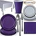 Disposable Party Supplies, Serves 40 - Purple and Silver - Large and Small Paper Plates, 12 oz Plastic Cups, heavyweight Cutlery, Napkins, and Tablecloths. Full Two-Tone Tableware Set