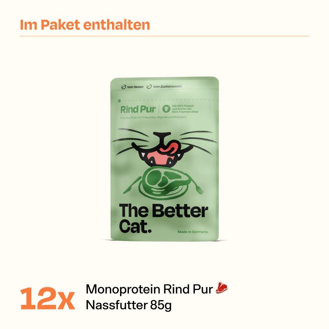 The Better Cat - Getreidefreies Nassfutter mit extra hohem Fleischanteil - Premium Katzenfutter ohne Getreide und ohne Zucker mit Präbiotika (Rind) 12x85g 6