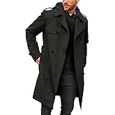 Pretifeel Mens Trench Coat Slim Fit Double Breasted Long Jacket Notched Lapel Belt Fall Windproof Coat