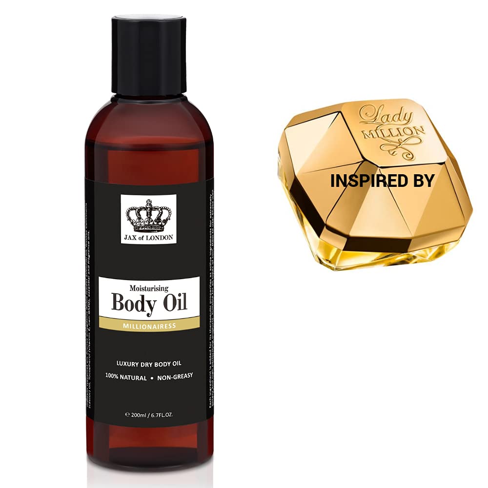 Jax of London Millionairess Perfume Inspired Body Oil 200ml – 100% Natural Ingredients – Vegan & Alcohol-Free – Moisturising Oil for Skin Hair & Massage – Made in UK