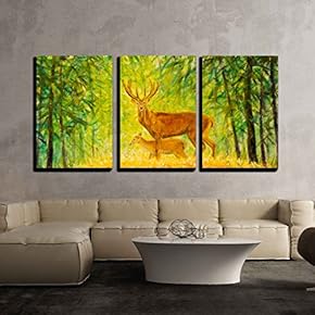 3 Piece Canvas Wall Art - Original Oil Painting of Deer with a Small Deer in The Autumn Forest on Canvas - Modern Home Art Stretched and Framed Ready to Hang - 16"x24"x3 Panels