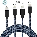 DANTENG 3'/6'/10' Extra Long Charging Cord, Nylon Braided 8 Pin to USB Lightning Charger for iPhone 7/SE/5/5S/6/6S/6 Plus/iPad Air/Mini/iPod - Black/Blue - 4 Piece