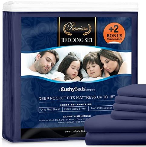 Premium Bed Sheet Set by CushyBeds - Brushed Microfiber 1800 Bedding - Hypoallergenic, Wrinkle, Fade, Stain Resistant - 6 Pieces Includes 2 BONUS Pillow Case (Queen, Navy Blue)