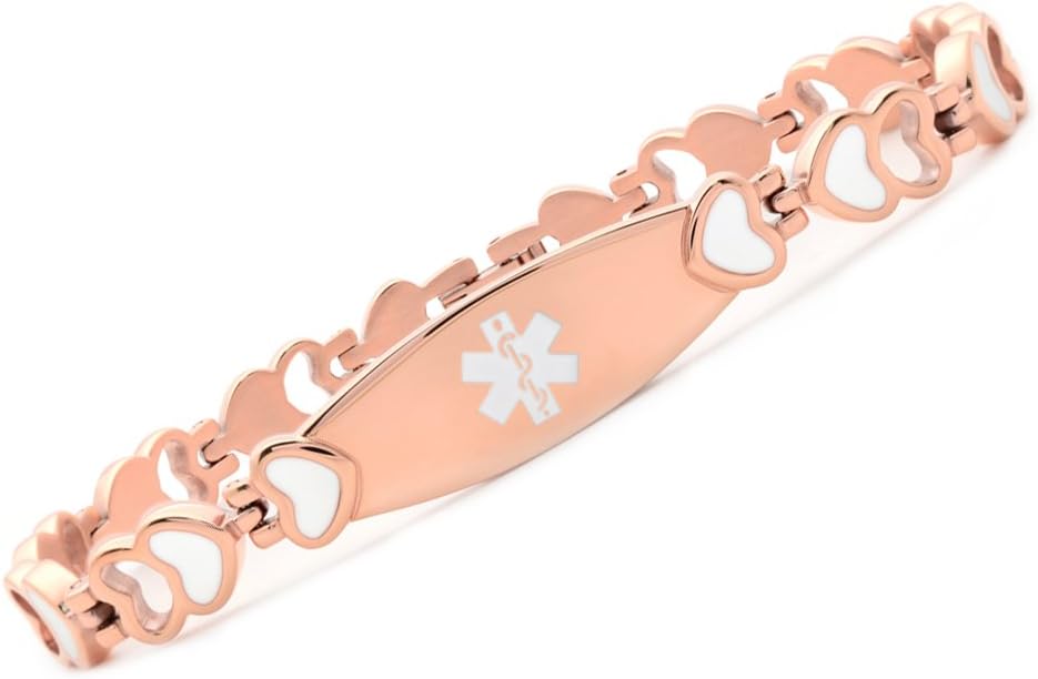 Free Engraved Stainless Steel Medical Alert ID SOS Bracelet for Women & Girls, Fashion Heart Link,6.5-8.5 inches