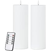 volnyus White Flameless Candles Set of 2 (3x9 inch) Flickering LED Wax Candles Battery Operated with Remote Control Timers for Fall Decor/Night Light/Fireplace/Party Dimmable Pillars Flat top