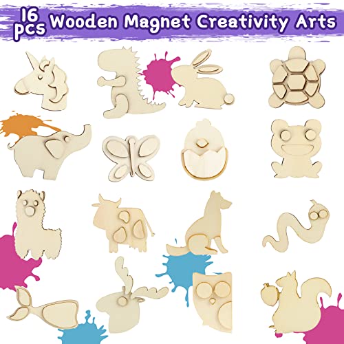 LOVESTOWN Paint Your Own Wooden Magnet, 16 PCS Wooden Magnet Creativity Kit Wooden Magnet Painting Craft Kids Magnet Art Kit for Birthday Party Favors Games Classroom Prize