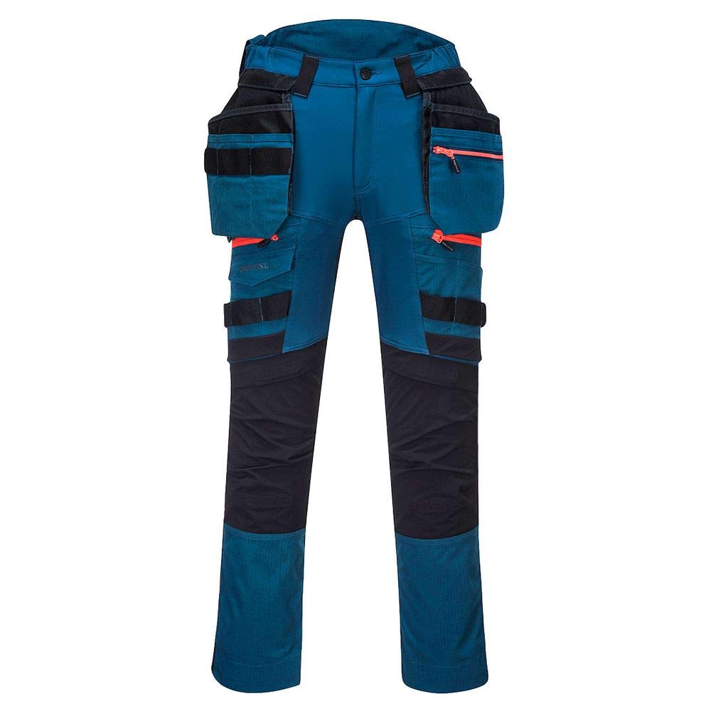 Portwest DX440 Lightweight Detachable Holster Work Trousers Mens Multi Pockets Stretch Safety Workwear Cargo Combat Pants with Free Knee Pads Metro Blue