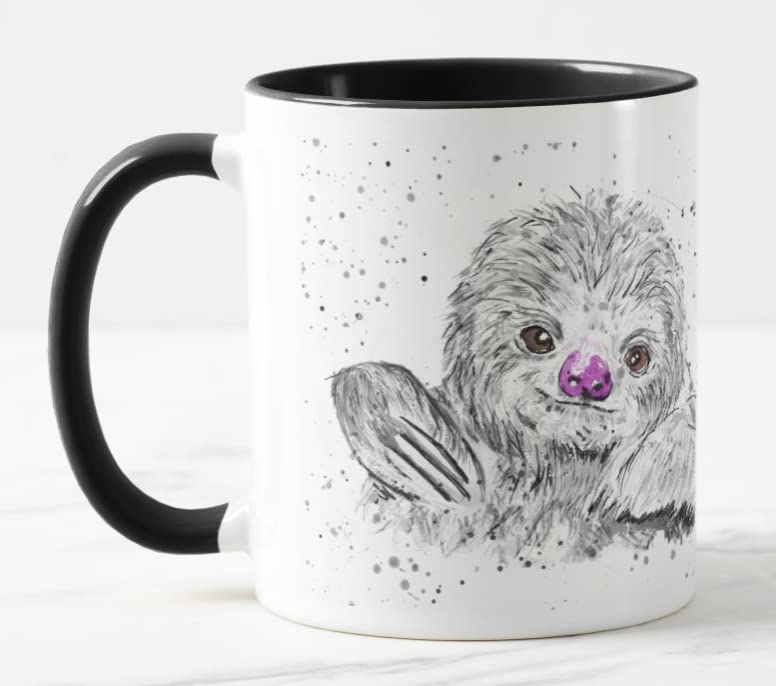 Vixar Sloth Black White Watercolour Art Coloured Mug Cup Gift Birthday Work Office Christmas Tea Coffee (Black)