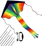 Kids Large Rainbow Delta Kite - the Best Outdoor Toys for Summer Beach Fun, Durable Easy Flyer Comes with Kite Reel Rods and Happy Family Time