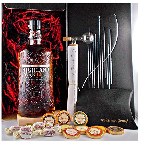 Geschenk Highland Park 12 Jahre Single Malt Whisky + Glaskugelportionierer + Edelschokolade + Fudge