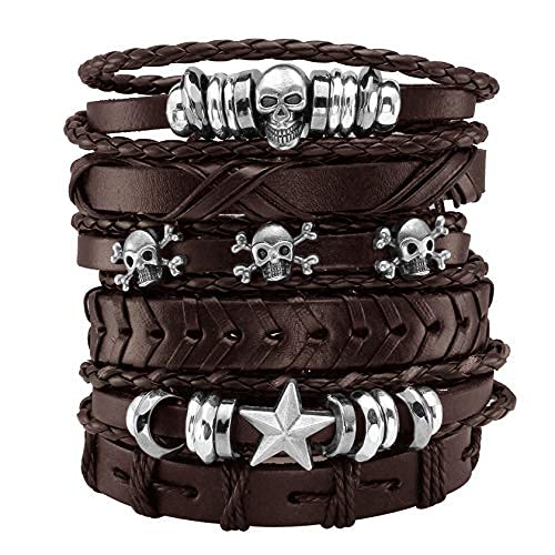 MILAKOO 6Pcs Brown Braided Leather Bracelet for Men Women Punk Star Skull Bracelet Rock