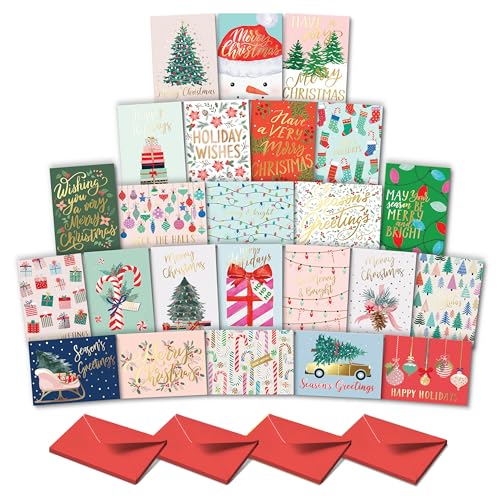 Sweetzer & Orange Holiday Greeting Cards – Set of 24 Boxed Christmas Cards with Envelopes – 24 Unique Designs with Gold Foil – 4.25x5.75 Assorted Holiday Cards – Red Envelopes