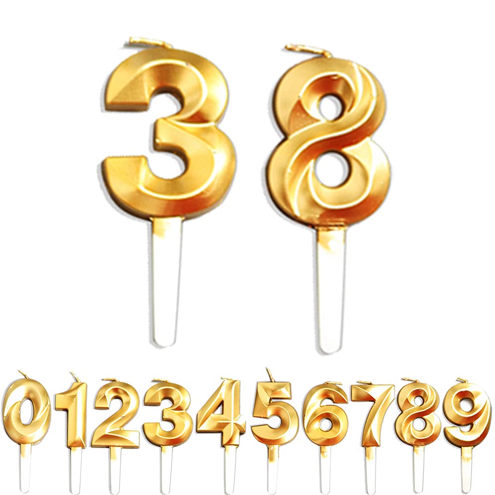 Birthday Candles, 38th/83th/3th/8th Birthday Cake Candles, Cake Decoration for Birthday Party Wedding Anniversary Graduation Party Supplies (Gold, Number 3&8)