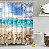 ABxinyoule Beach Starfish Shower Curtain Seashell Polyester Fabric Ocean Blue Sky Sunshine Bathroom Decal