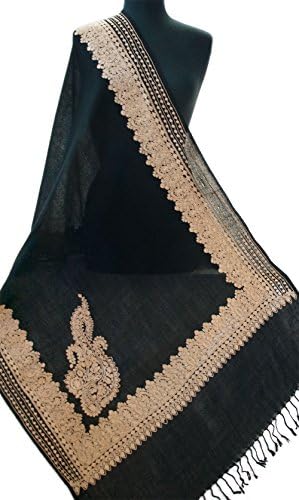 Black Embroidered Yoga Shawl. Wool Wrap. 80” x 28” Light Gold Crewel Paisley