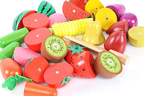 image for Fstop Labs 30 Pieces Set Pretend Play Wooden Food, Cutting Cooking Foo