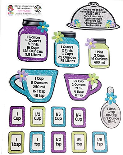 Kitchen Conversion Chart Stickers - Restickable, Reusable, Decals - Green Purple Blue Glitter