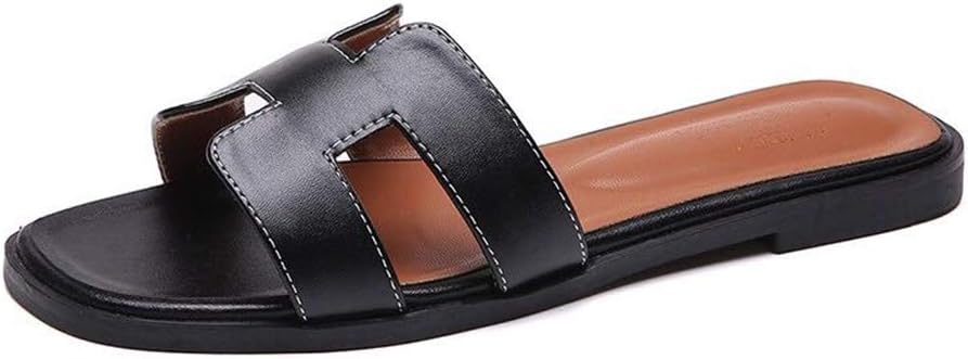 JZ.FZSEDQ Women’s Flat Summer Sandals Slides Open Toe Slip on Shoes Leather Slippers Size 6-9