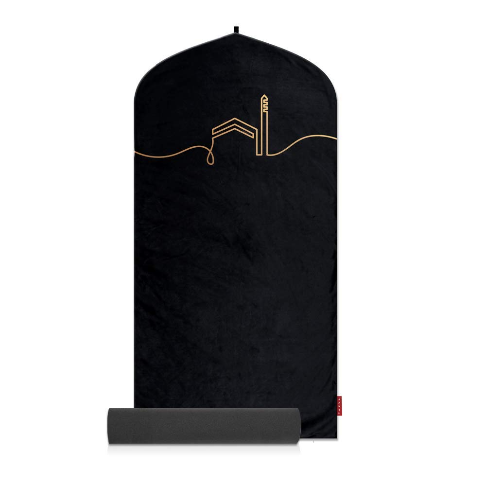 TAKVA EasiClean™ Indoor Prayer Mat - Kaaba Collection (COMFITPLUS, Kaaba Black) - Washable, Customizable Padded Prayer Mat, Soft Velvet & Anti-Slip Base, Ideal Islamic Gift
