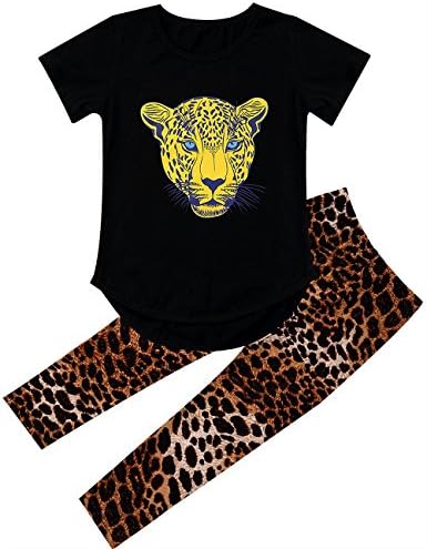 Kidlove Leopard Head Print Short-Sleeve T-shirt Pants Pajama Sets (6-7T, Short-Black)