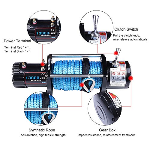 ECCPP Winches12V 13000 LBS Electric Winch+Aluminum Fairlead+Synthetic Rope+Control Box Assembly+Wireless/Hand Remote Controller+Negative Wire+Hook+Bolts for SUV/ATV/4WD/Off - Image 2