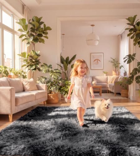 ROHATIM Teppich Wohnzimmer 160 x 230 cm dunkelgrau Waschbar Rutschfester Hochflorteppich Kinderzimmer Schlafzimmer Flauschiger Teppiche