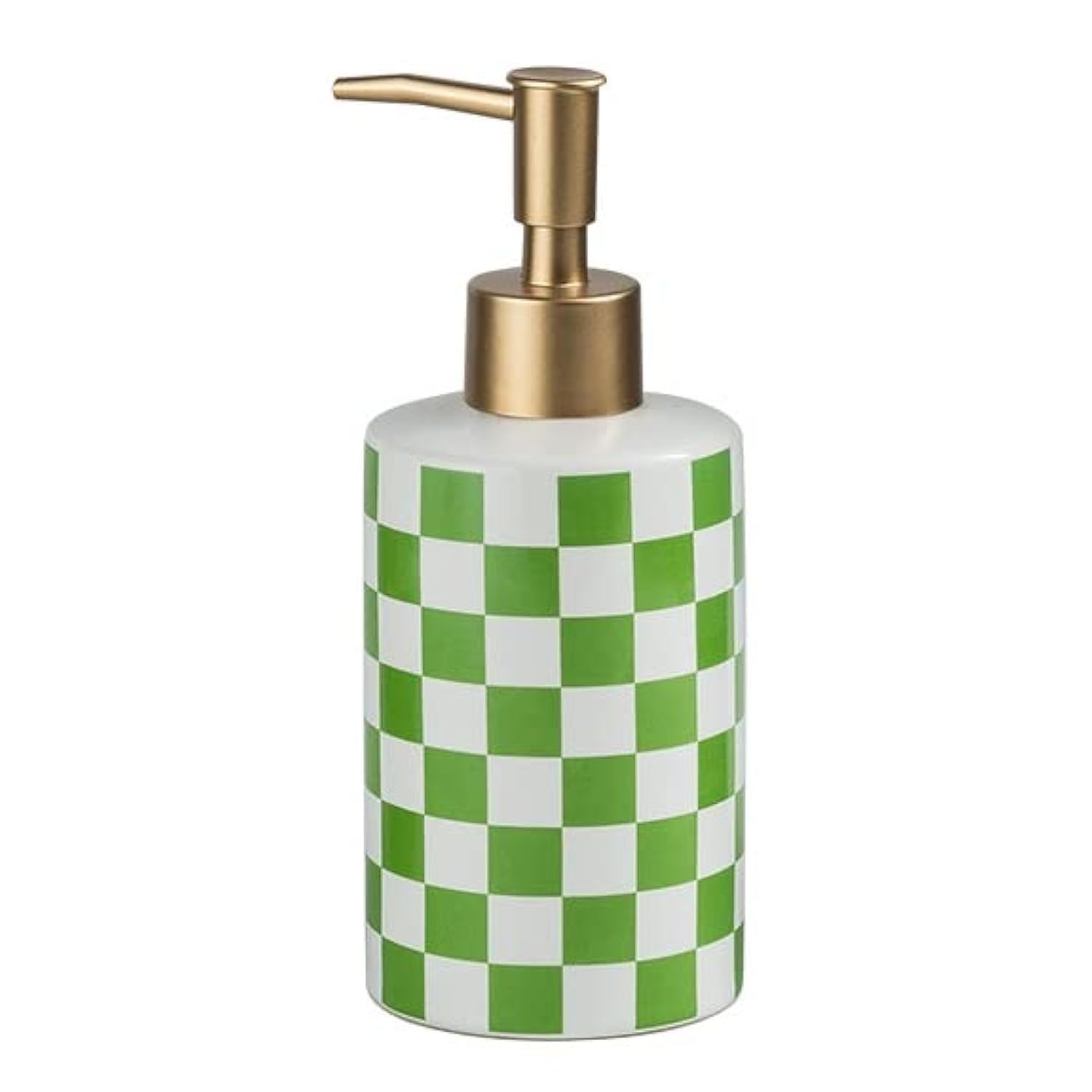 Checkered Ceramic Soap Dispenser with Rust Proof Gold Matte Pump Decorative Soap Dispenser for Bathroom or Kitchen (Green & White)