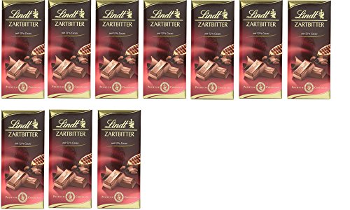 Lindt Schokolade Zartbitter| 10 x 100 g Tafel | Feinschmelzende Zartbitter-Schokolade mit einem 52% Kakaoanteil | Schokoladentafel | Schokoladengeschenk