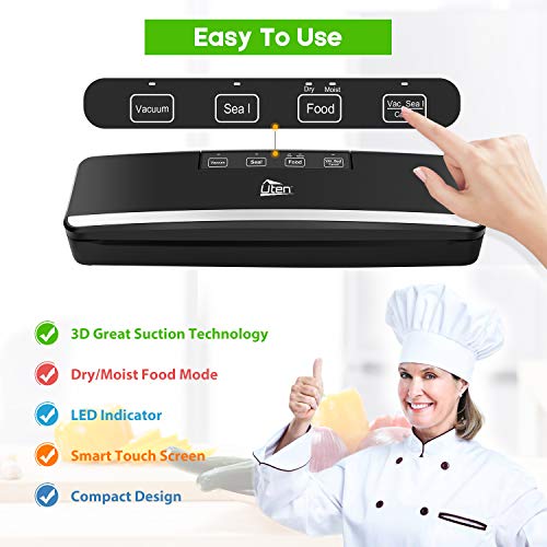 Uten Vacuum Sealer Machine, Automatic Food Sealer for Preservation with Air Suction Hose, Compact Design, Dry Moist Food Modes, Safety Certified, Led Indicator Lights - Black