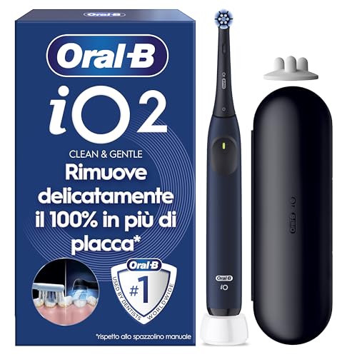 Oral-B iO 2 Spazzolino Elettrico Nero, 1 Testina Di Ricambio per Spazzolino Elettrico Oral B, Custodia Da Viaggio, Supporto per testine, Delicato sulle Gengive, Sensore di Pressione
