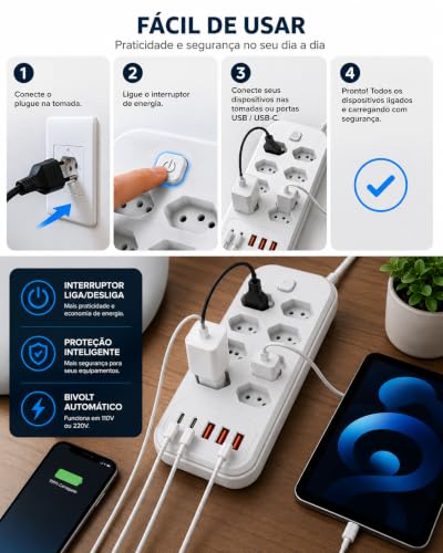 Filtro de Linha Extensão Elétrica 8 Tomadas 5 USB PD 30W Cabo 2m | Centralize energia e carregamento em um só lugar com 8 tomadas, 5 portas USB, cabo de 2 metros e potência de até 2500W.