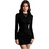 winkbay Women's Mock Neck Mini Dress Split Long Sleeve High Waisted Flared A Line Elegant Dresses