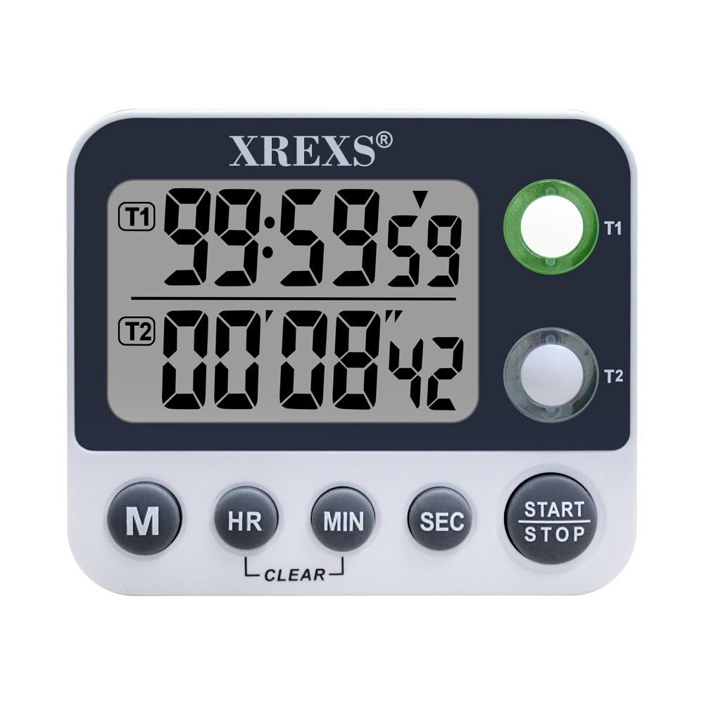 XREXS Dual Kitchen Timer, Digital Timer, Timers for Cooking, Loud Alarm, Memory Time, Timer for Kitchen/Meeting/Class (Battery Included)