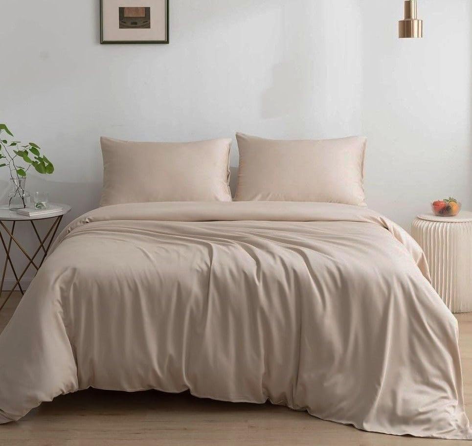 Waterlily 100% Bamboo Lyocell Bedding Set 3 Pcs Duvet Cover & Pillowcases Double King Organic Natural Soft Vegan Silk Luxury Bed Linen (Beige, Double) — image 1
