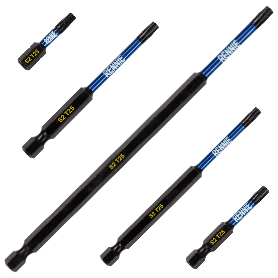5 x Rennie Tools T25 TX25 Impact Screwdriver Driver Bits Set x 32mm/50mm/75mm/100mm/150mm Long. Heavy Duty Magnetic Torx Screwdriver Bit Set. Oxide Coated Torx Impact Driver Bits.