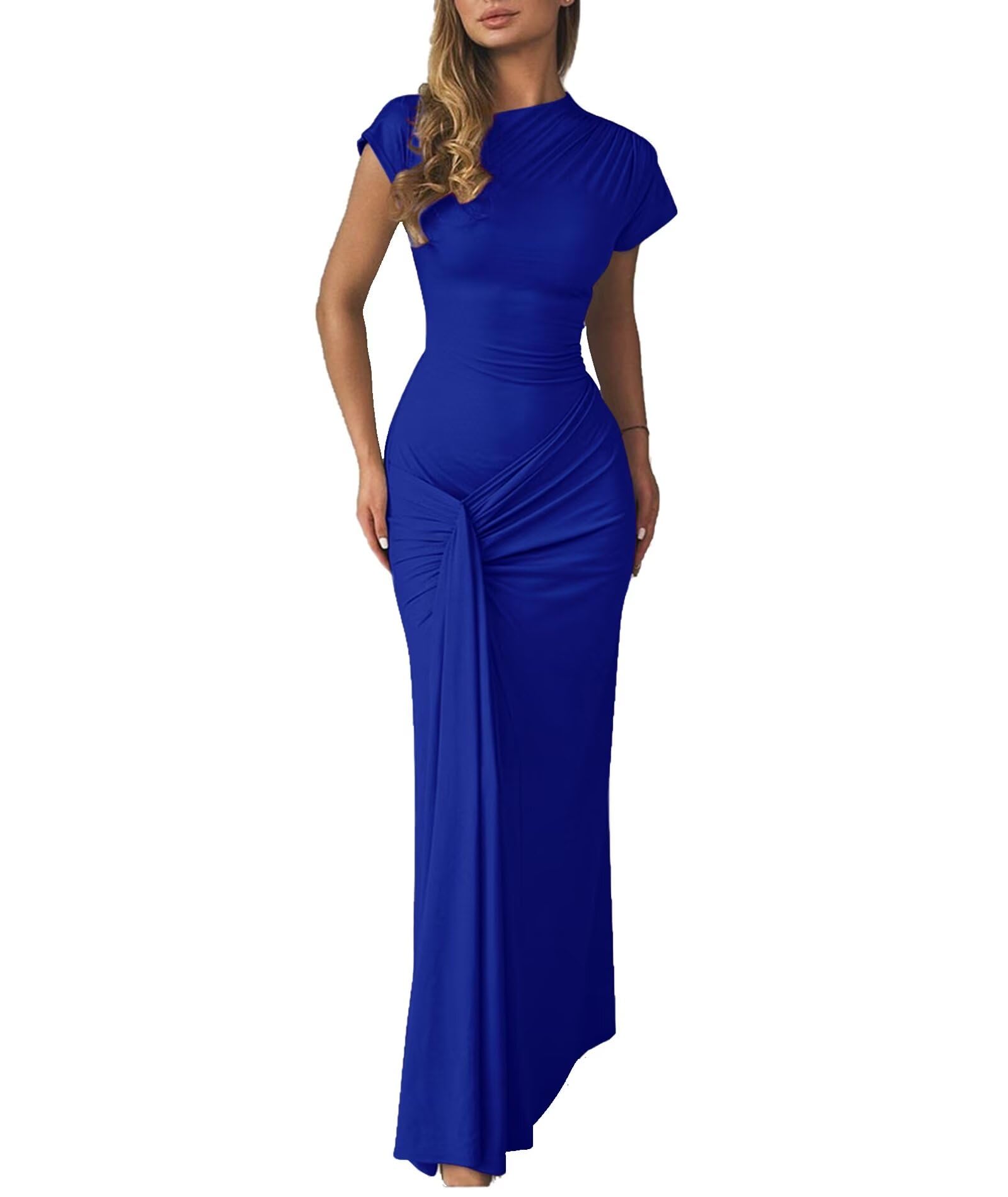 Mojessy Women Bodycon Maxi Dress Sexy Mock Neck Ruched Short Sleeve ...