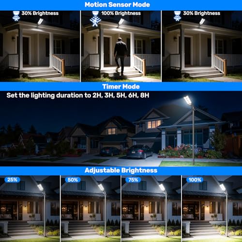 PEAKRO Farolas Solares Exteriores 2 Pack, Potente 600W Farola Solar con Sensor de Movimiento,Control Remoto, 6500K IP65 Impermeable Foco Solar Lampara LED Luz de Seguridad para Jardín, Patio, Garage