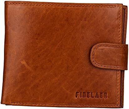 Finelaer Cowhide Trifold Button Slim RFID Wallet with 1 ID Window 13 Card 2 Sim Slot for Men Brown