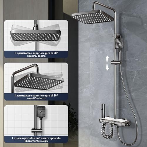 Koeutoze Sistema Doccia con display digitale a LED, soffione doccia XL a pioggia, doccetta, getto ausiliario e rubinetto a cascata – Acciaio inossidabile – Colonna Doccia Regolabile (Grigio)