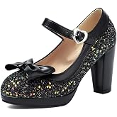 SEIFIN Women's Sequins Glitter Mary Jane Shoes Shine Sparkly Vintage Chunky High Block Heel Women Pumps with Bow and Ankle Strap Rockabilly Cosplay Kawaii Marriage Mary Jane Dress Pumps