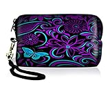 AUPET Purple Blue Flowers Digital Camera Case Bag Pouch Coin Purse with Strap for Sony Samsung Nikon Canon Kodak