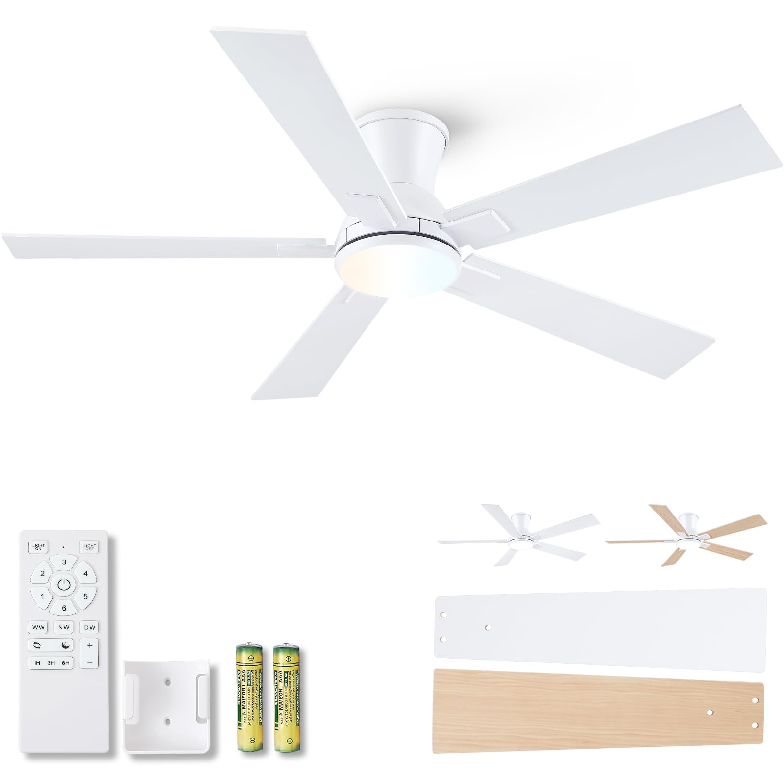 Photo 1 of 52 Inch White Flush Mount Ceiling Fan with Light, 3CCT Dimmable LED, 6-Speed Remote Control, Reversible Motor,Quiet Low Profile Energy-Efficient for Bedroom & Living Room,ETL Listed