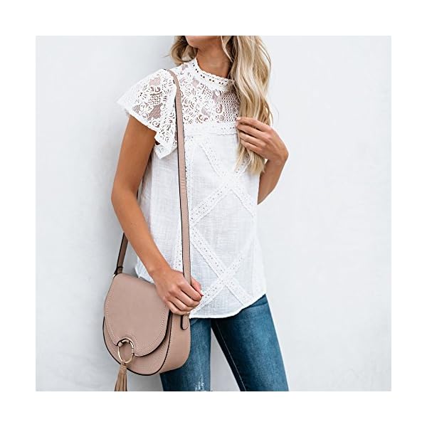 Camisetas Mujer SHOBDW Dia de la Mujer Verano Patchwork De Encaje Casual Ahuecar Volantes Manga Corta Suéter De Cuello… | DeHippies.com