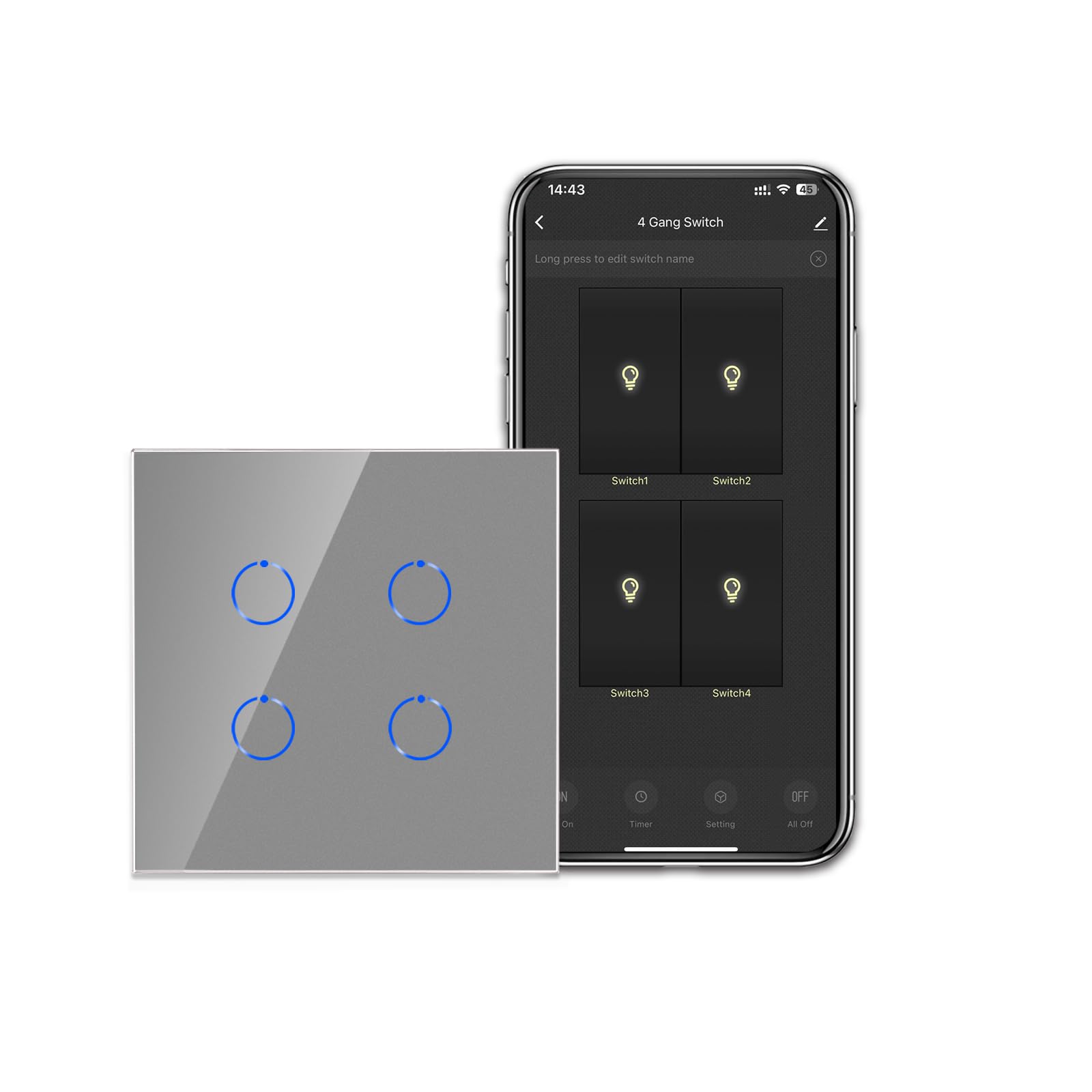 CNBINGO WiFi Smart Light Switch Work with Alexa, Google Assistant, Multi-Way Control by Smart Life App, 4-Gang Touch Switch, Grey Glass Panel, LED Backlight, Neutral Wire Required