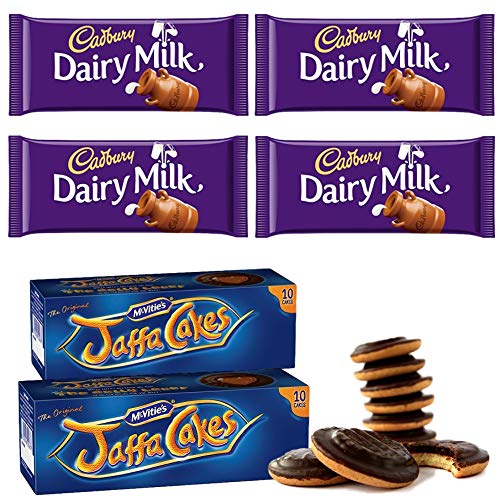 McVities Jaffa Cakes Two Boxes + Cadbury Dairy Milk Chocolate | Total 4 bars of British Chocolate Candy - Cadbury Dairy Milk Chocolate 45g each