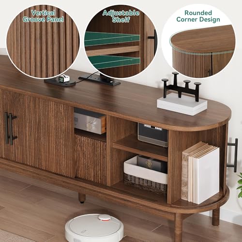 YITAHOME Fluted Curved TV Stand with Mount for 32-70 Inch TVs, Modern Entertainment Center with LED Lights & Power Outlets,Walnut